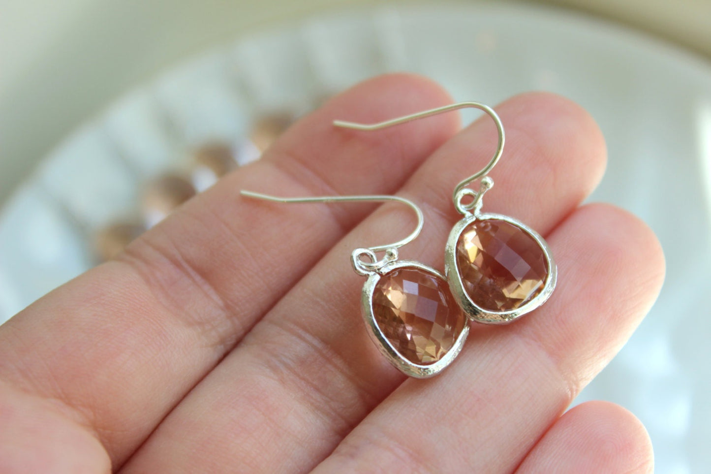 Peach Champagne Earrings Light Pink Silver Plated Sterling Silver Earwires - Bridesmaid Earrings - Wedding Earrings - Bridal Earrings