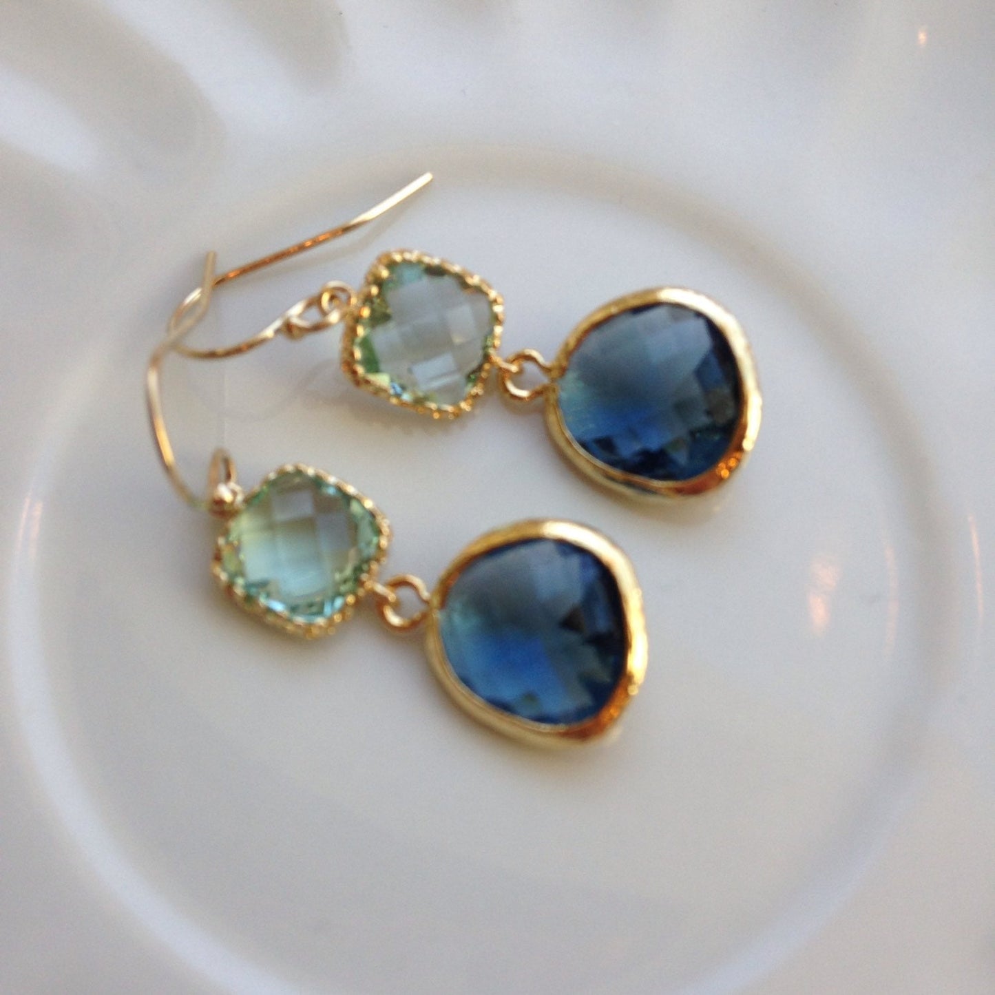 Sapphire Navy Earrings Prasiolite Glass Gold Plated - Bridesmaid Earrings - Valentines Day Gift - Wedding Earrings