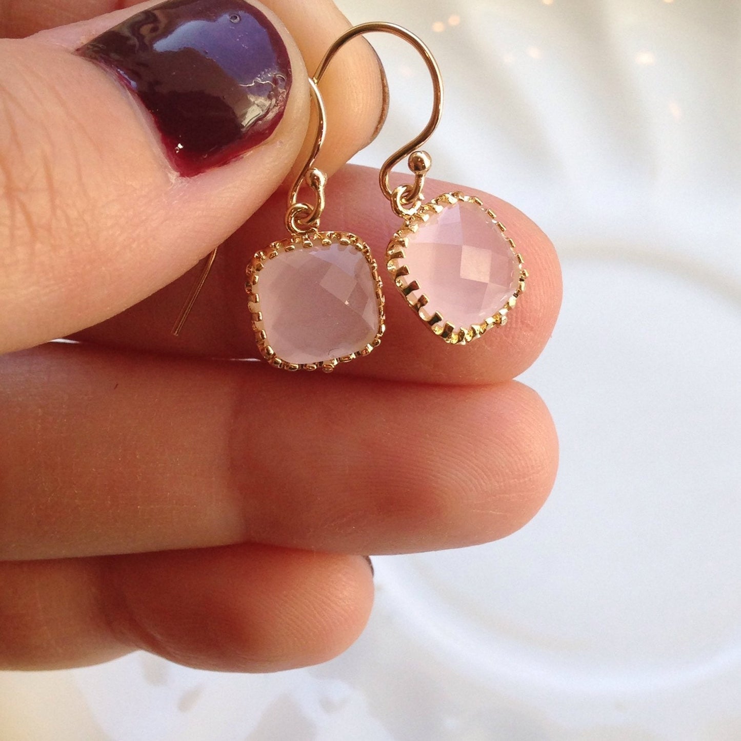 Small Dainty Opal Pink Earrings Gold Plated - Bridesmaid Earrings - Wedding Earrings - Wedding Jewelry - Bridal Earrings
