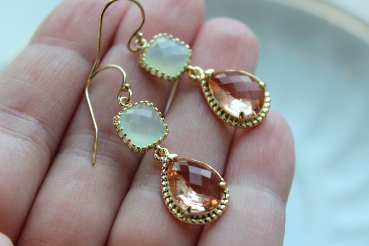 Blush Champagne Earrings Soft Mint Green Gold Earrings - Peach Pink Bridesmaid Earrings Wedding Earrings -Wedding Jewelry Bridesmaid Jewelry