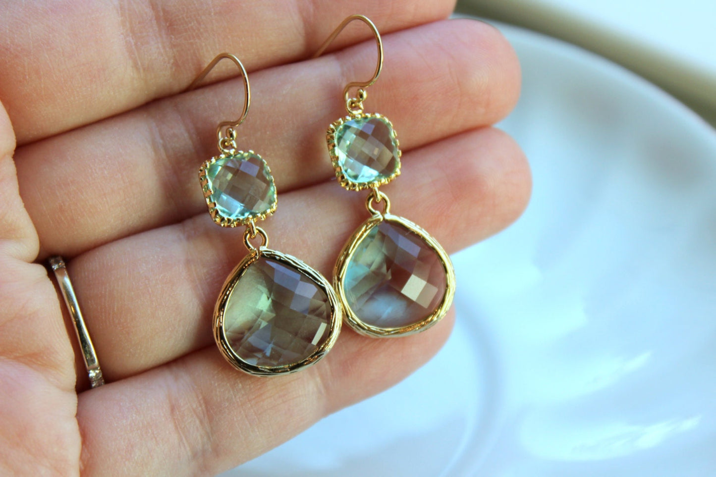 Gold Large Prasiolite Green Earrings Light Green Jewelry - Two Tiered Earrings Prasiolite Bridesmaid Jewelry Light Green Wedding Jewelry