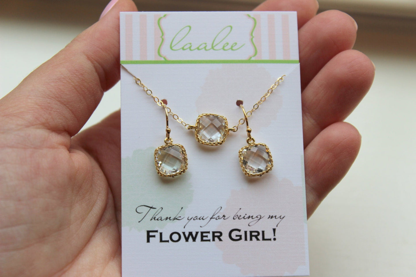 Clear Crystal Necklace and Earring Set Crystal Jewelry Set - Personalized Card - Flower Girl Jewelry Set Bridesmaid Jewelry Set Wedding Set