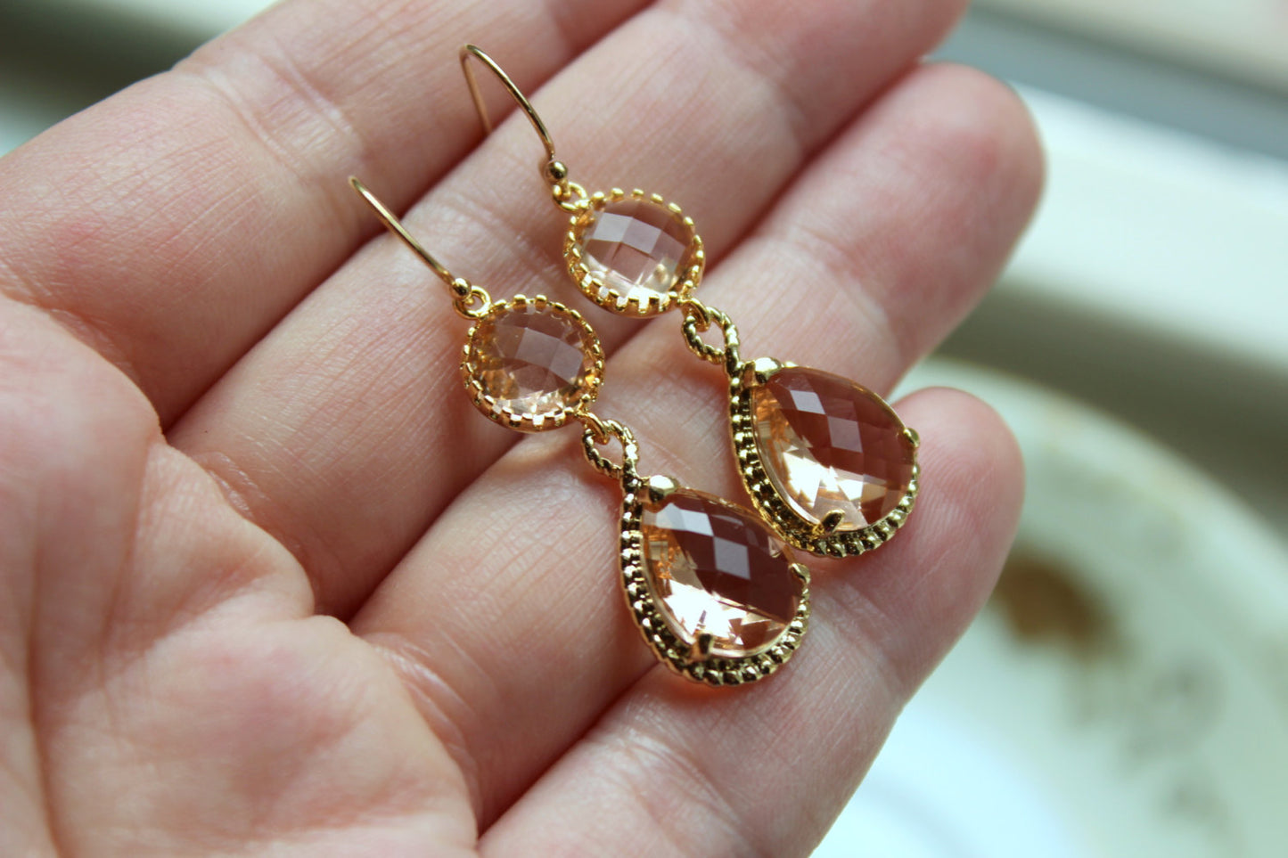 Blush Wedding Jewelry - Blush Champagne Earrings Peach Gold - Pink Blush Bridesmaid Jewelry - Teardrop Earrings - Gold Champagne Jewelry