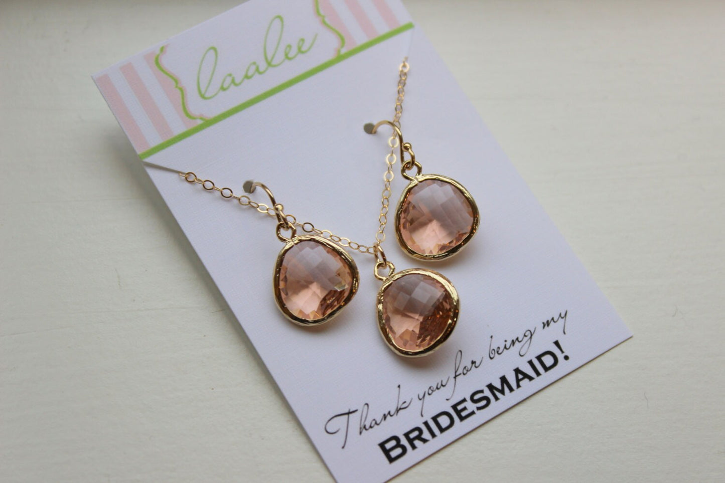 Champagne Blush Jewelry Set Peach Pink Gold Necklace and Earring Set - Personalized Card Thank you for being my bridesmaid - Blush Jewelry