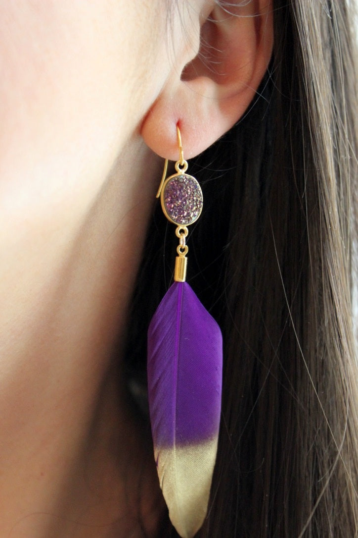 Purple and Gold Feather Earrings