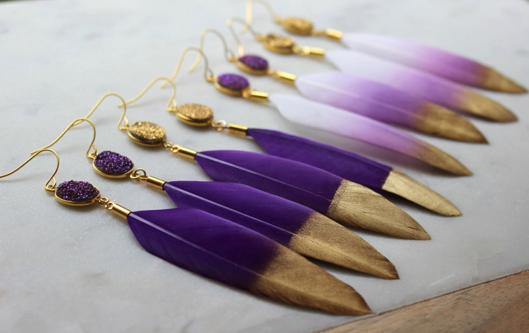 Purple and Gold Feather Earrings