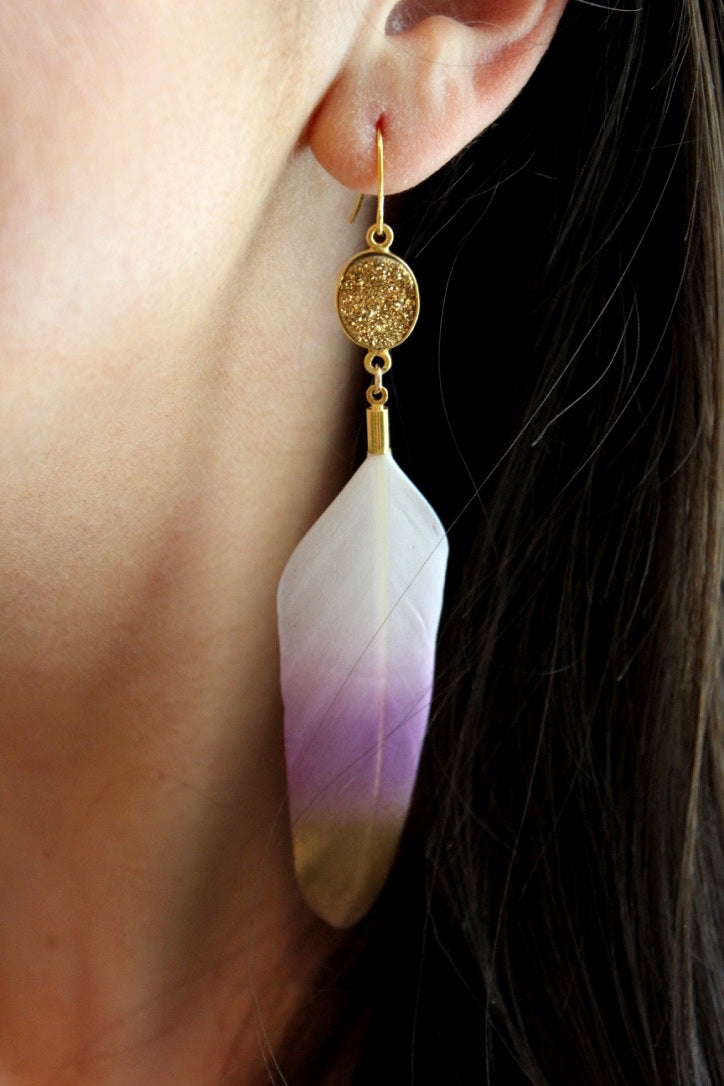 Purple and Gold Feather Earrings