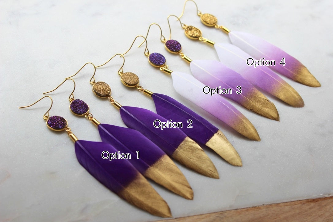 Purple and Gold Feather Earrings