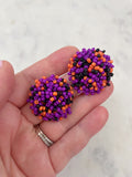 Halloween Earrings, Halloween Jewelry, Orange and Black Bead Studs, Purple Stud Earrings
