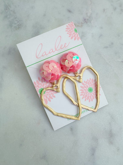 Pink Sequin Stud Earrings, Heart Earrings, Valentine's Day Jewelry