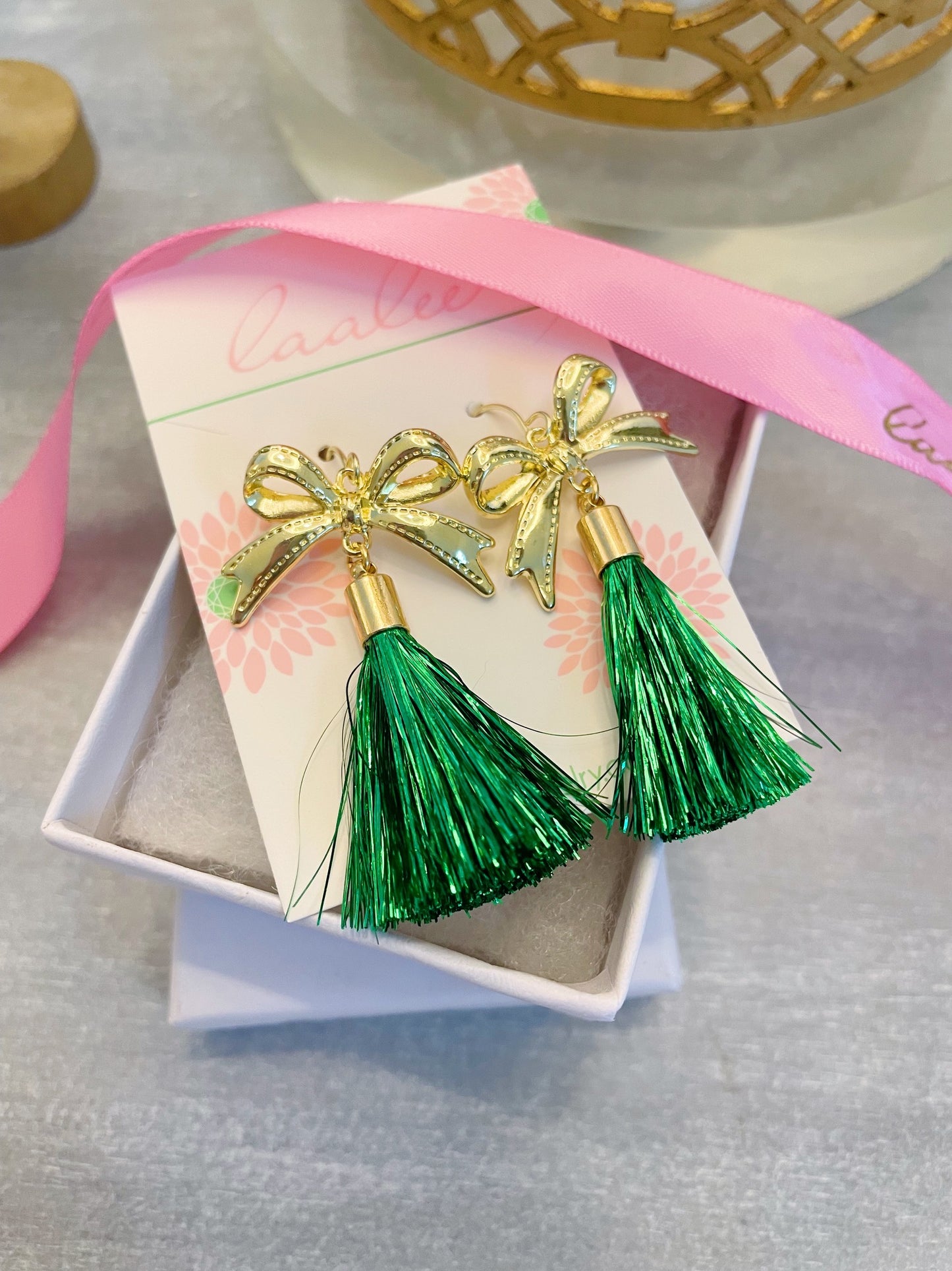 Green Tinsel Tassel Earrings, St. Patrick's Day Jewelry, Ribbon Earrings