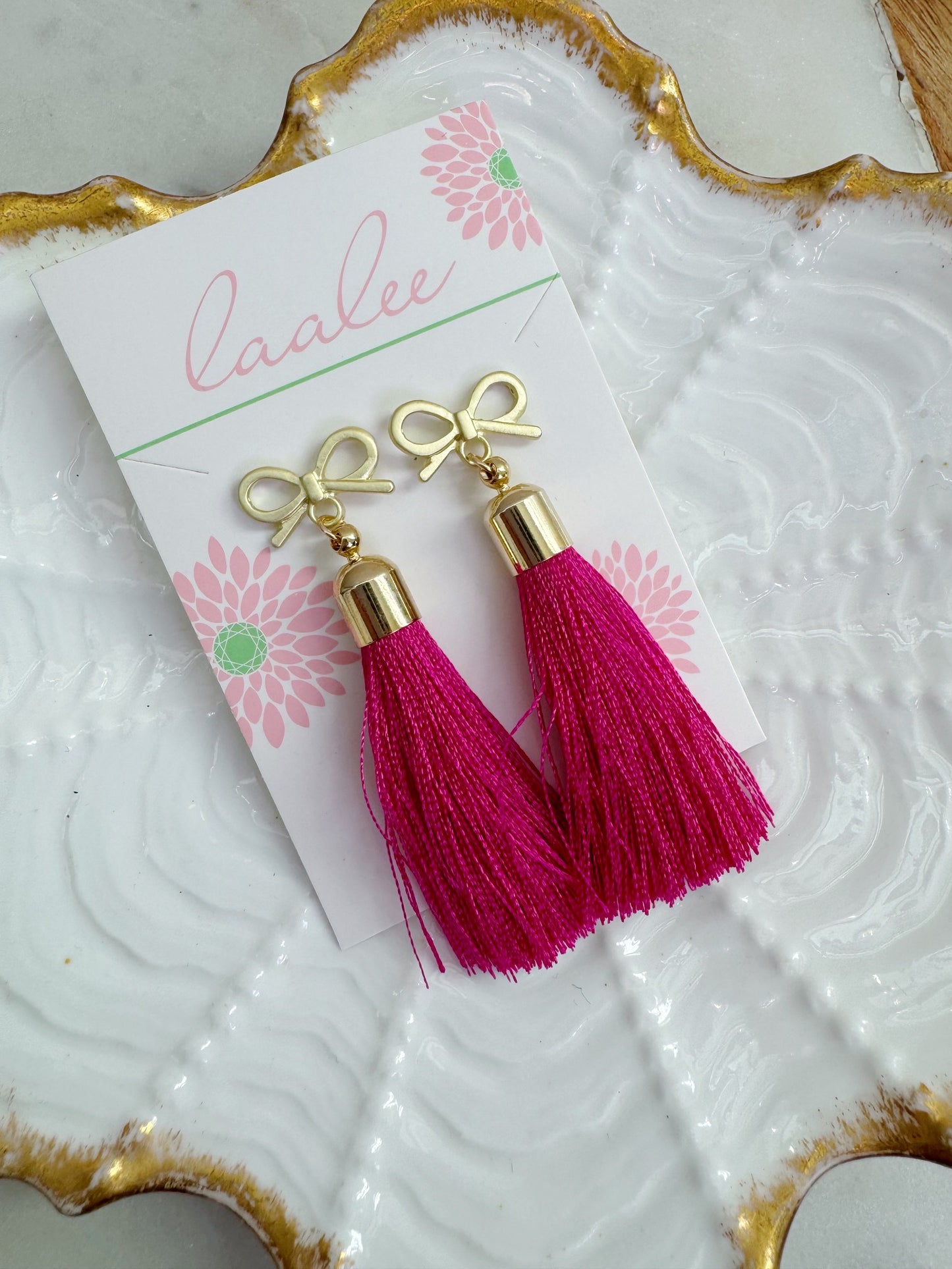 Gold Ribbon Earrings, Pink Tassel Jewelry, Valentine's Day