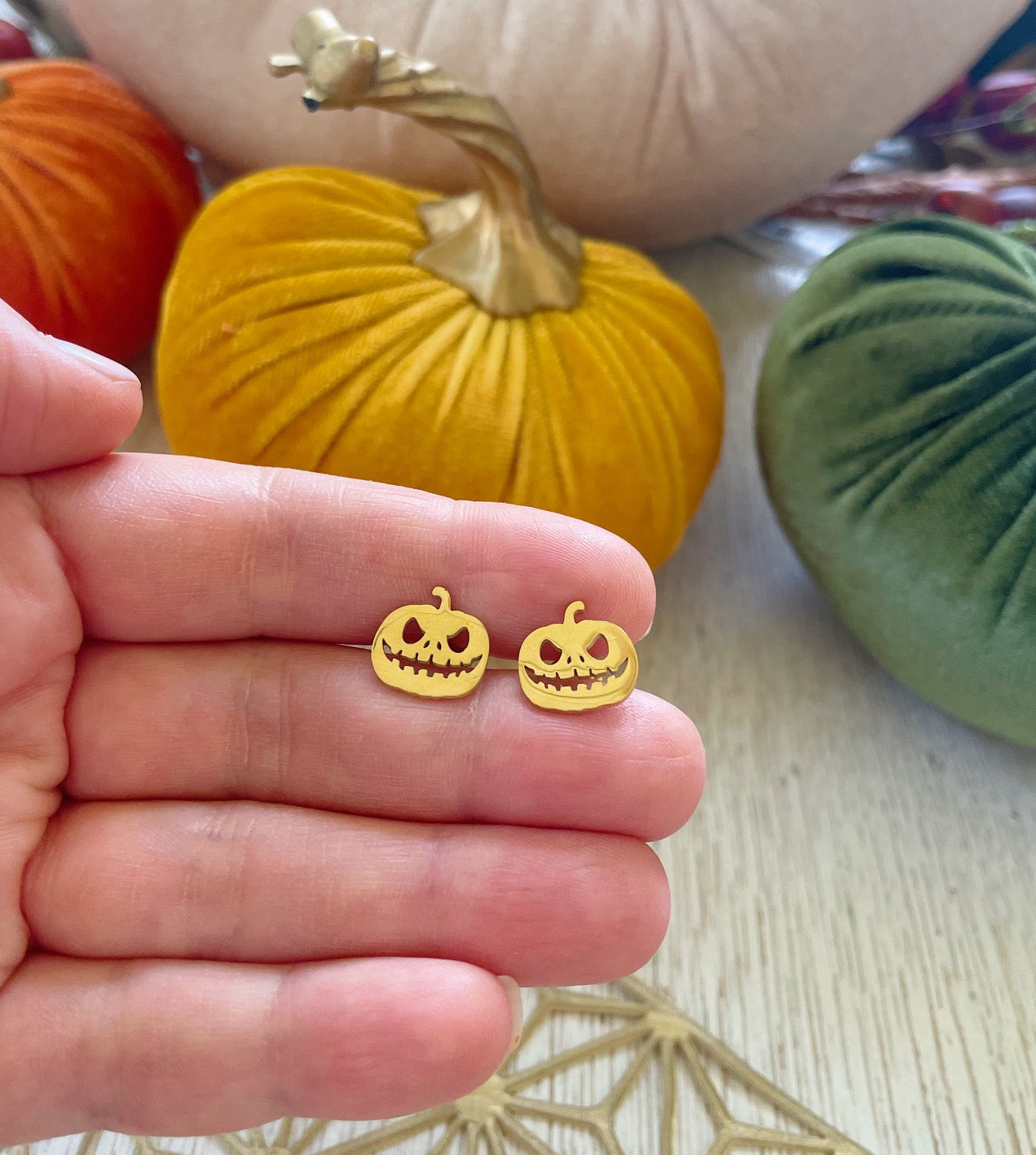 Gold Halloween Earrings, Halloween Jewelry, Pumpkin Earrings, Jack O Lantern Earrings, Stud Earrings