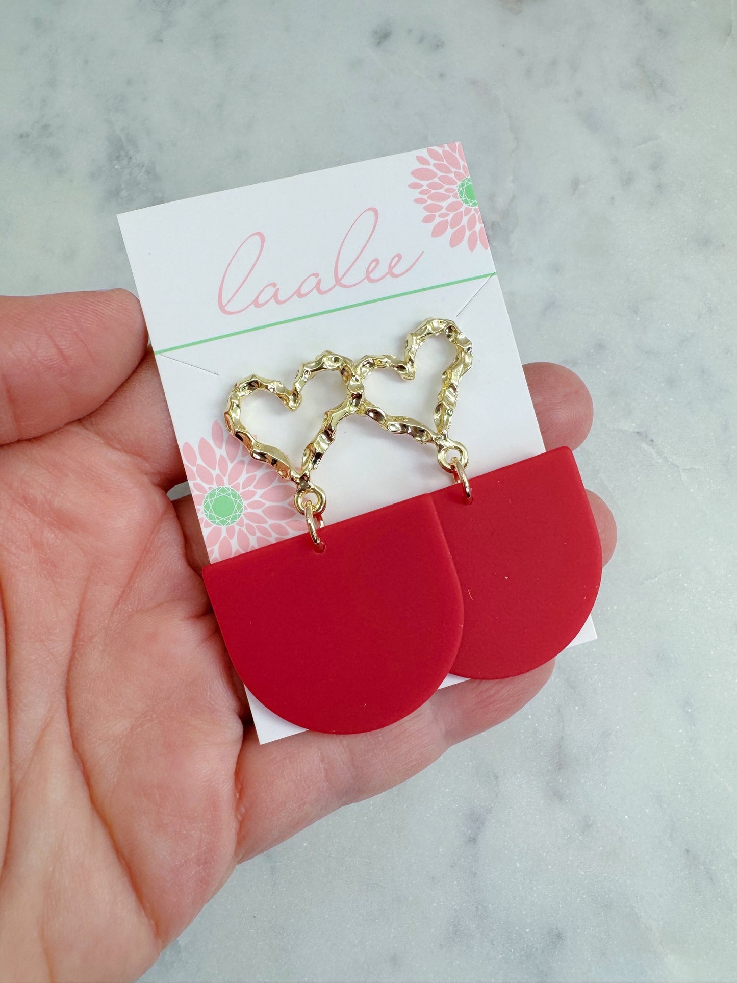 Gold Heart Stud Earrings, Red Acrylic Earrings, Valentine's Day Gift