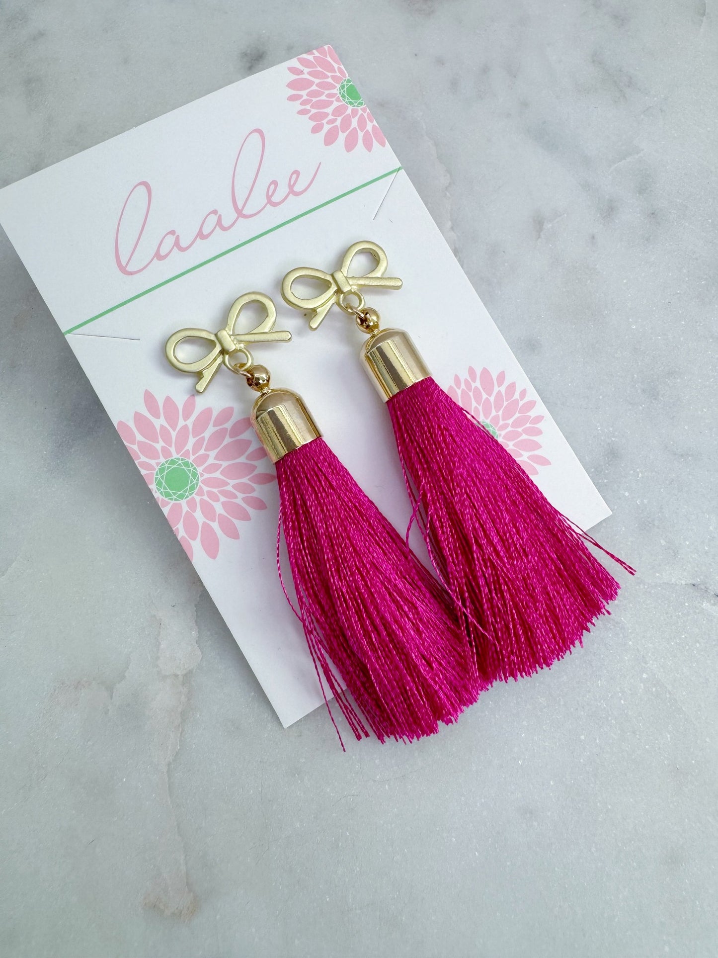Gold Ribbon Earrings, Pink Tassel Jewelry, Valentine's Day