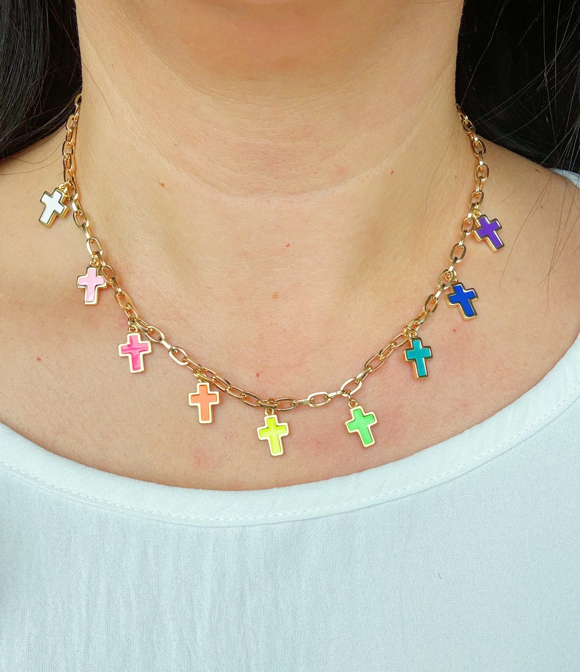 Religious Charm Necklace, Colorful Cross Religious Jewelry