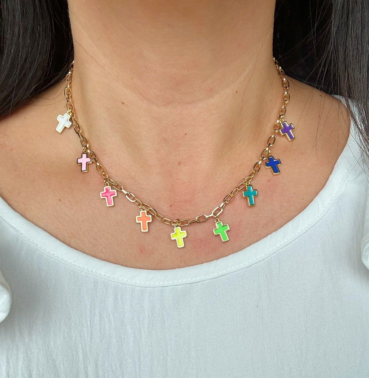 Religious Charm Necklace, Colorful Cross Religious Jewelry