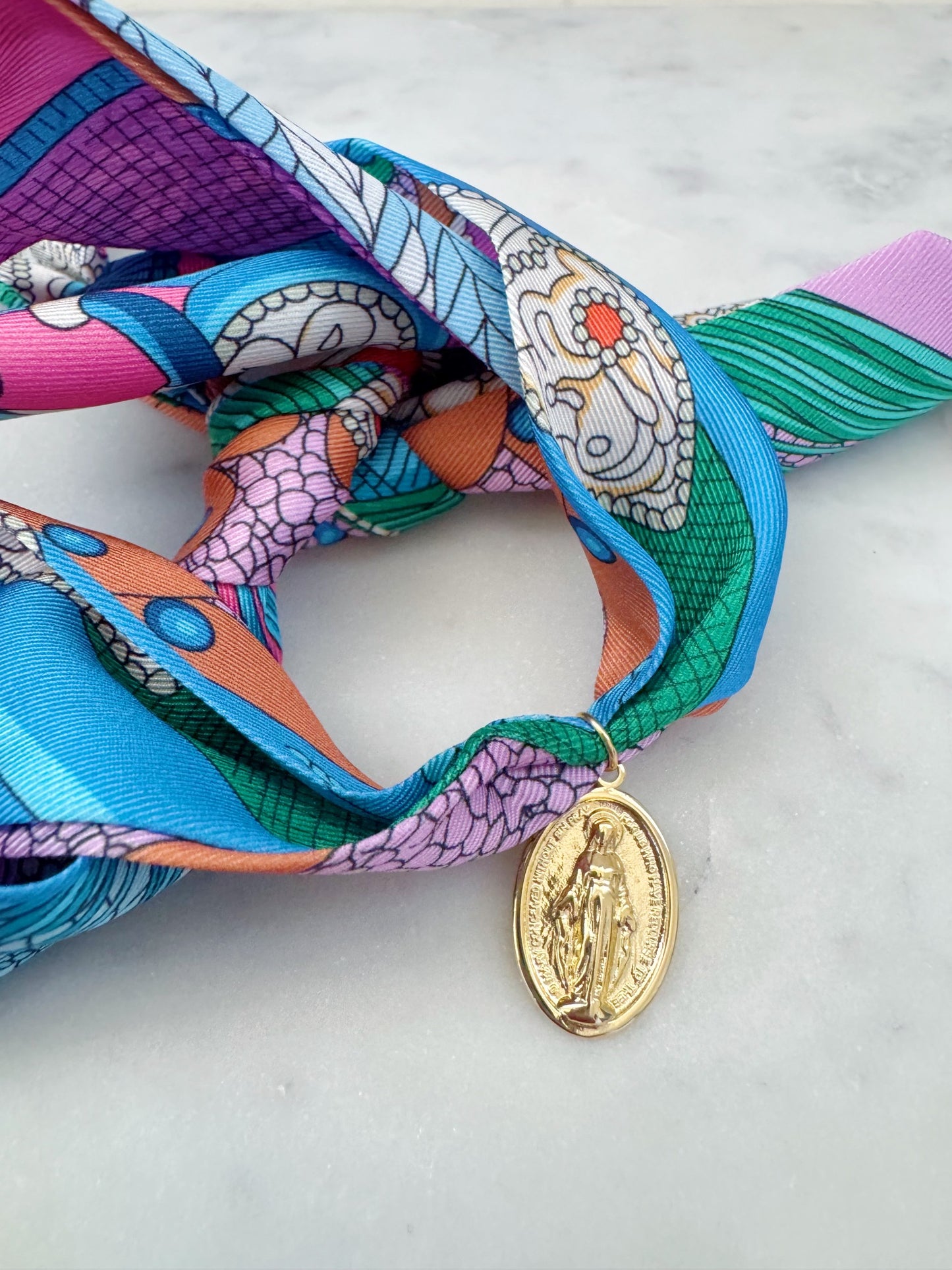 Colorful Scarf Necklace, Religious Jewelry, Miraculous Mary Pendant Scarf Necklace