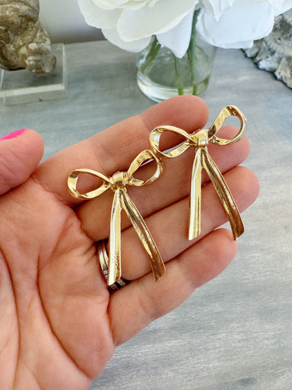Gold Bow Earrings, Ribbon Earrings, Statement Stud Jewelry