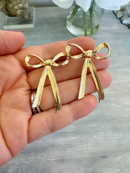 Gold Bow Earrings, Ribbon Earrings, Statement Stud Jewelry