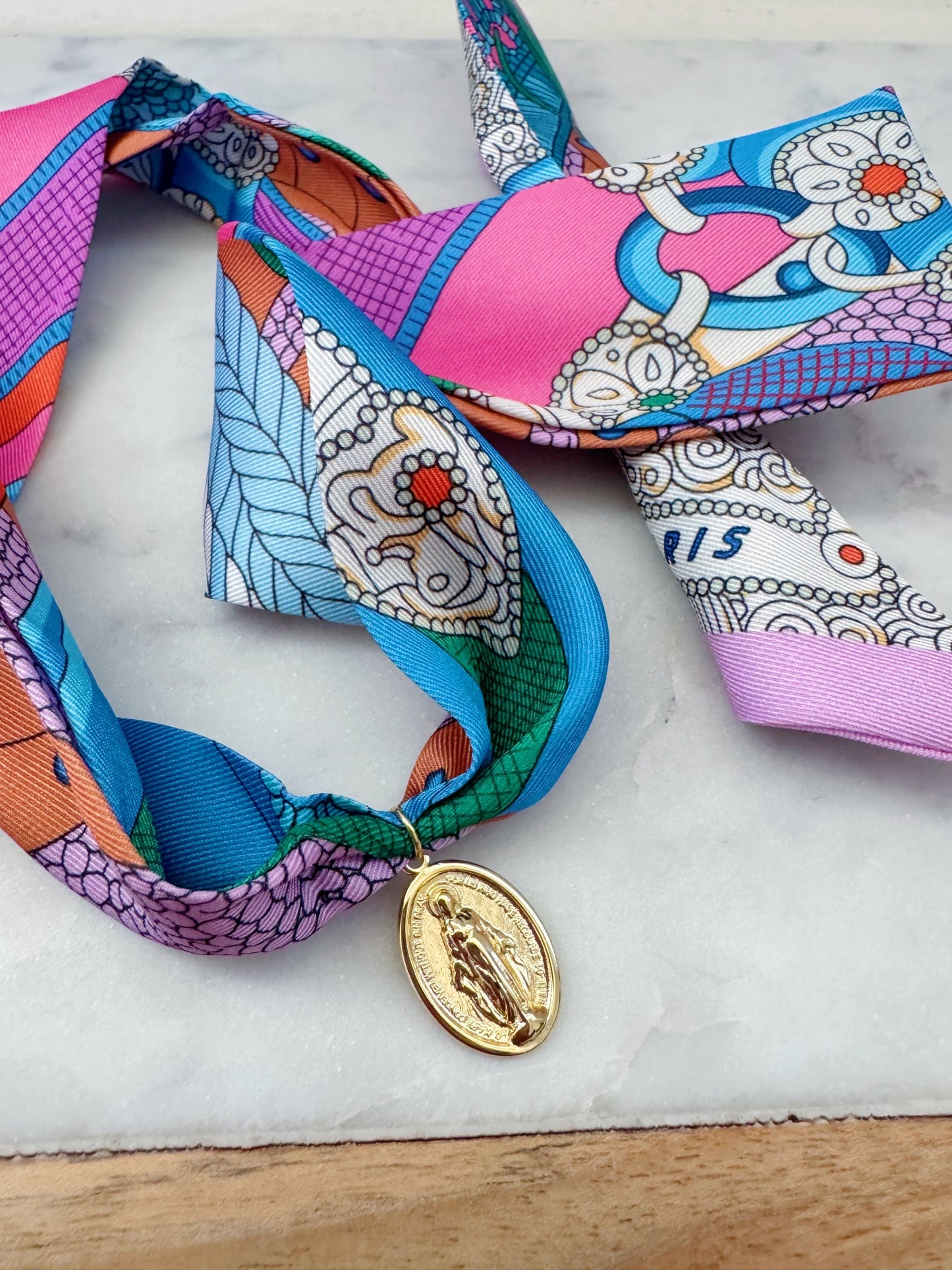 Colorful Scarf Necklace, Religious Jewelry, Miraculous Mary Pendant Scarf Necklace