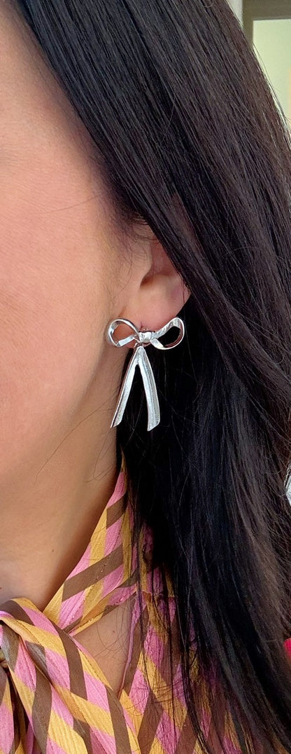 Silver Bow Earrings, Ribbon Earrings, Statement Stud Jewelry