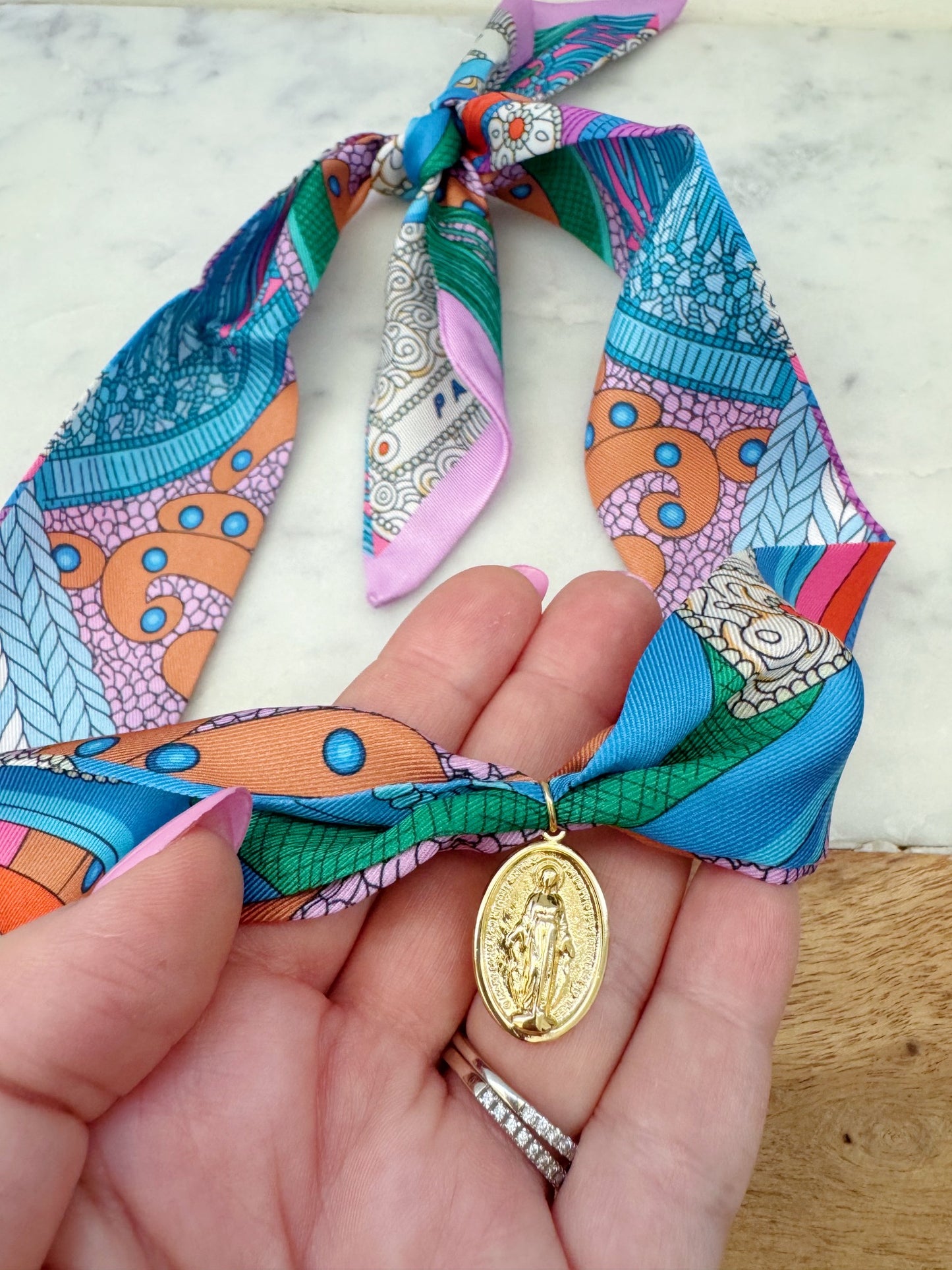Colorful Scarf Necklace, Religious Jewelry, Miraculous Mary Pendant Scarf Necklace