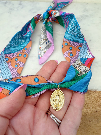 Colorful Scarf Necklace, Religious Jewelry, Miraculous Mary Pendant Scarf Necklace