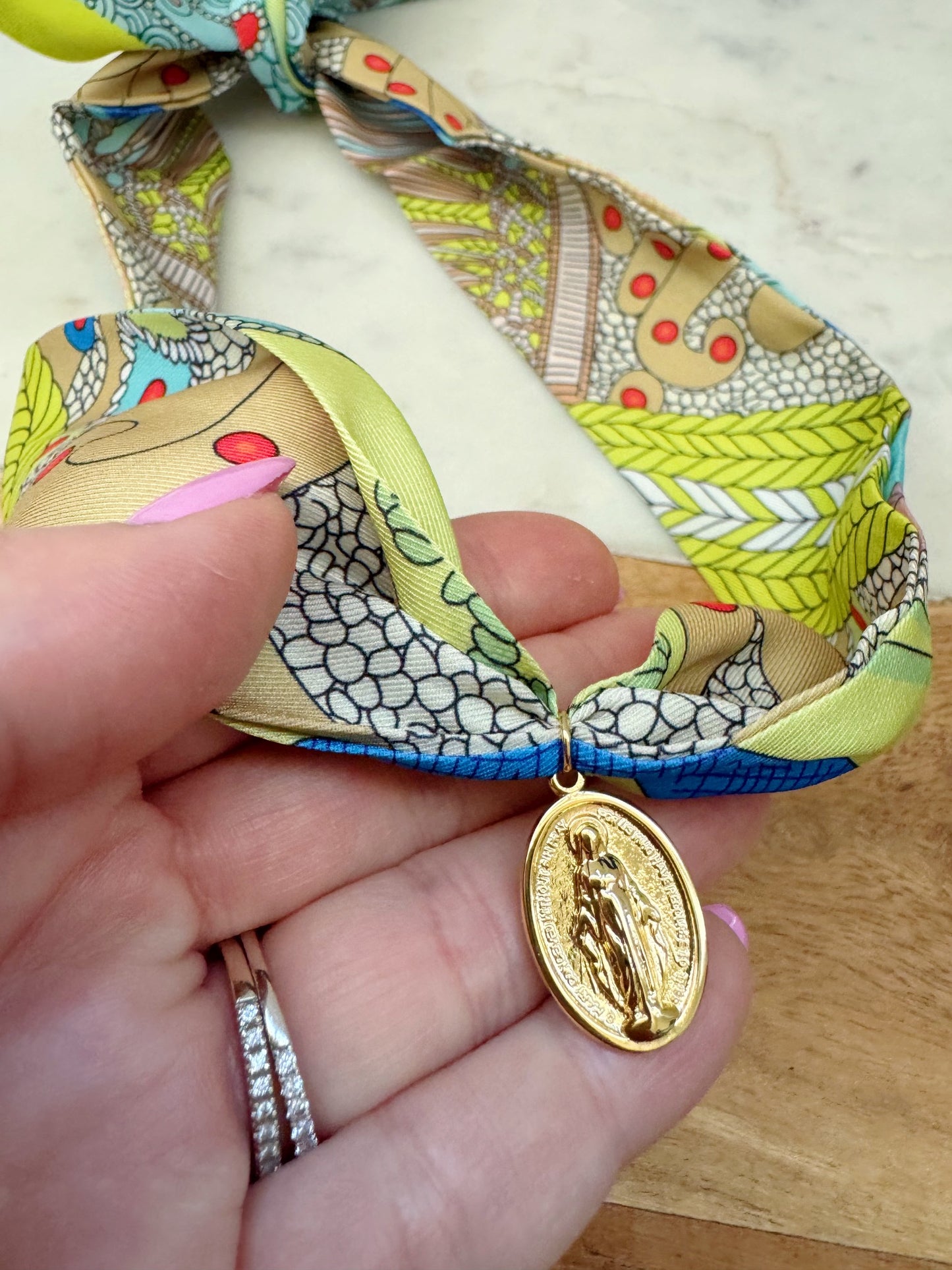 Colorful Scarf Necklace, Religious Jewelry, Miraculous Mary Pendant Scarf Necklace