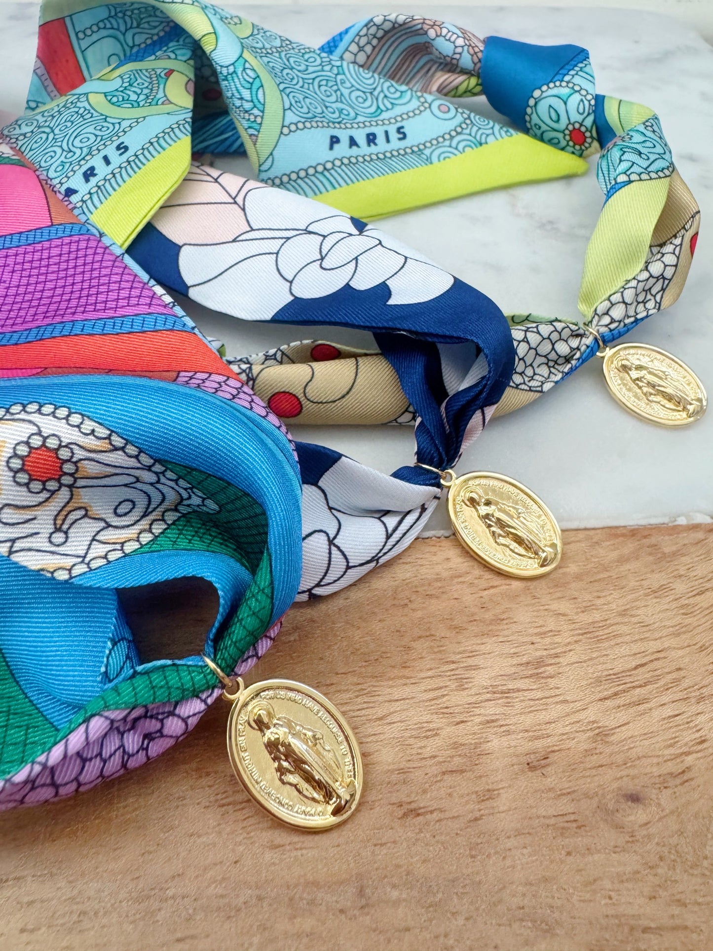 Colorful Scarf Necklace, Religious Jewelry, Miraculous Mary Pendant Scarf Necklace