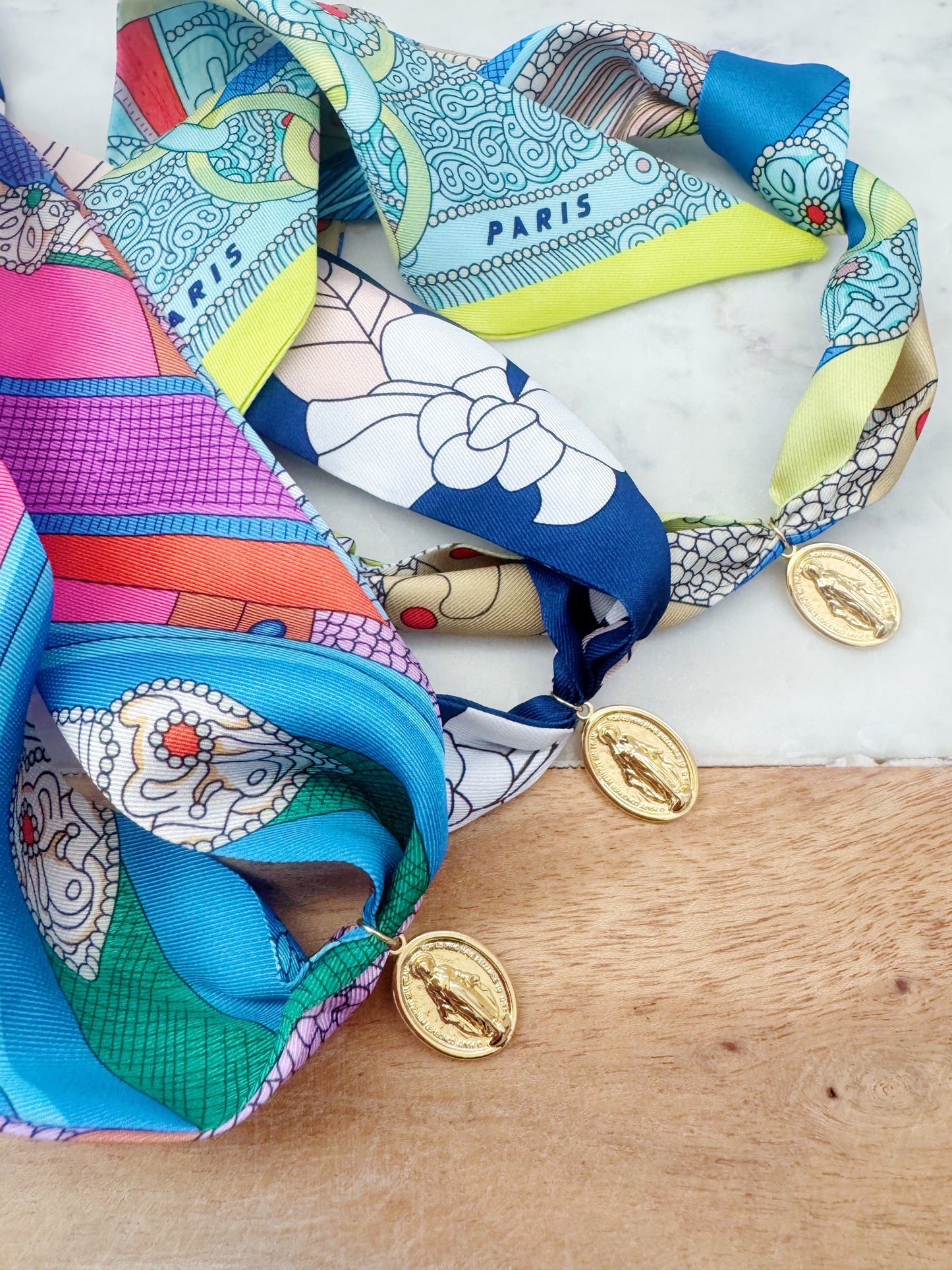 Colorful Scarf Necklace, Religious Jewelry, Miraculous Mary Pendant Scarf Necklace