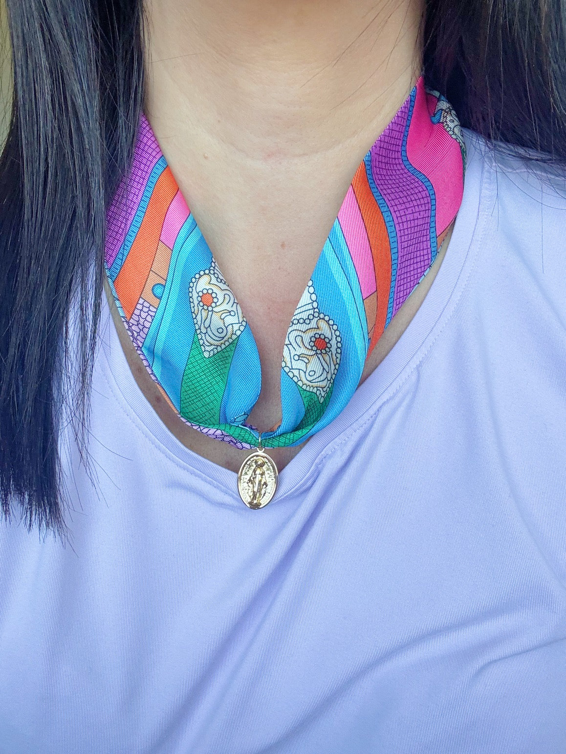 Colorful Scarf Necklace, Religious Jewelry, Miraculous Mary Pendant Scarf Necklace