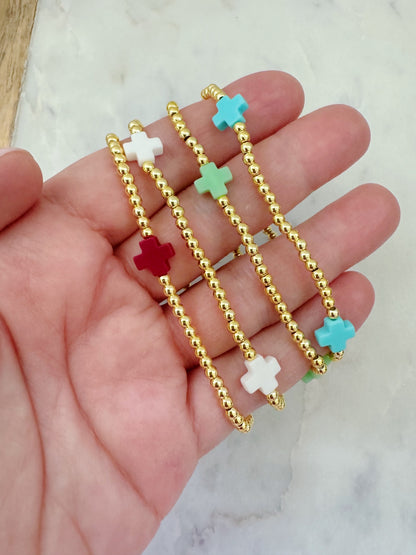 Stackable Cross Bracelet, Gold Bead Bracelet, Religious Jewelry