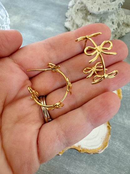 Gold Bow Earrings, Hoop Earrings, Bow Jewelry, Ribbon Earrings