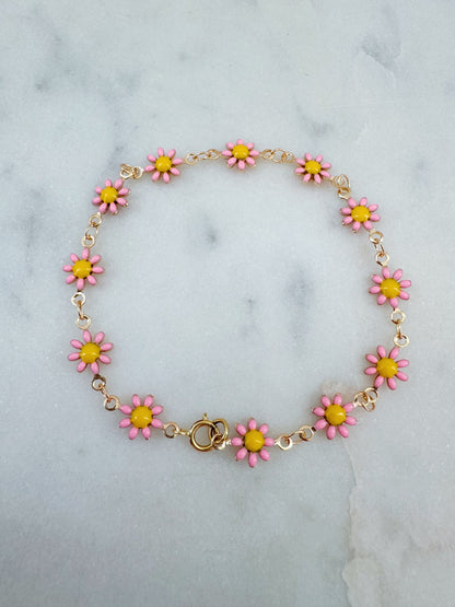 Pink Flower Bracelet, Kid Jewelry, Kid Bracelet, Child Bracelet, Flower Jewelry, Floral, Gift for Child Gold Dainty Bracelet, Summer Jewelry