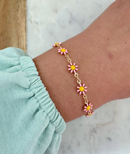 Pink Flower Bracelet, Kid Jewelry, Kid Bracelet, Child Bracelet, Flower Jewelry, Floral, Gift for Child Gold Dainty Bracelet, Summer Jewelry