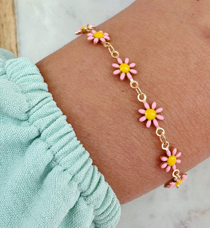 Pink Flower Bracelet, Kid Jewelry, Kid Bracelet, Child Bracelet, Flower Jewelry, Floral, Gift for Child Gold Dainty Bracelet, Summer Jewelry