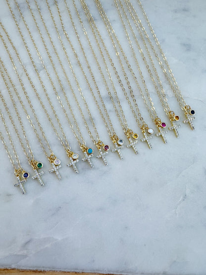 Gold Cross Necklace, Personalized Religious Jewelry, Birthstone Necklace