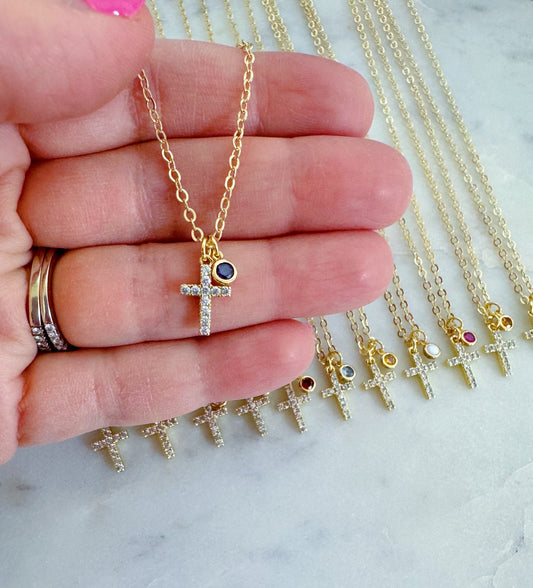 Gold Cross Necklace, Personalized Religious Jewelry, Birthstone Necklace