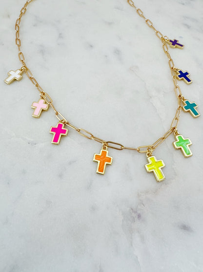 Religious Charm Necklace, Colorful Cross Religious Jewelry