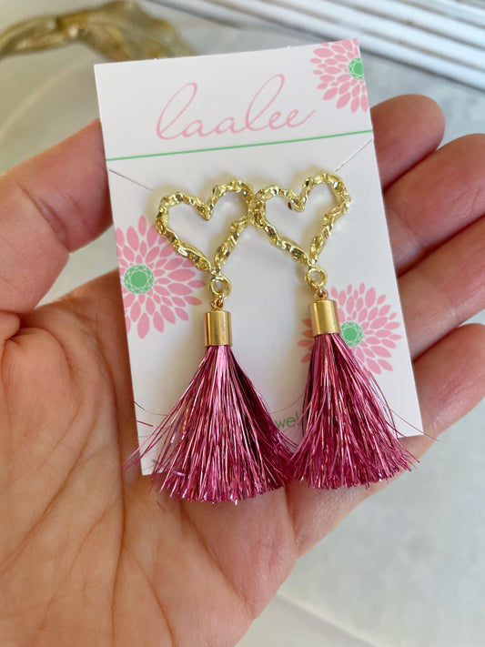 Gold Heart Earrings, Valentines Day, Tinsel Tassel Earrings