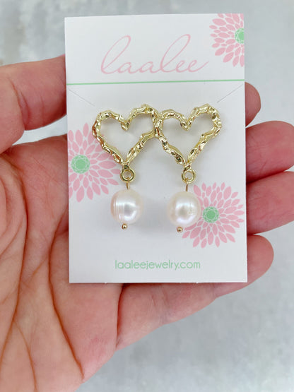 Gold Heart Pearl Drop Earrings