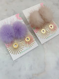 Gold Sunburst Earrings, Fur Statement Earrings, Fur Earrings, Lilac, Hot Pink, Taupe, Periwinkle