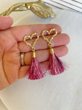 Gold Heart Earrings, Valentines Day, Tinsel Tassel Earrings