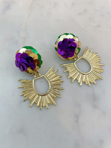Mardi Gras Earrings, Mardi Gras Jewelry, Mardi Gras Stud Earrings, Mardi Gras Post Earrings Sunburst