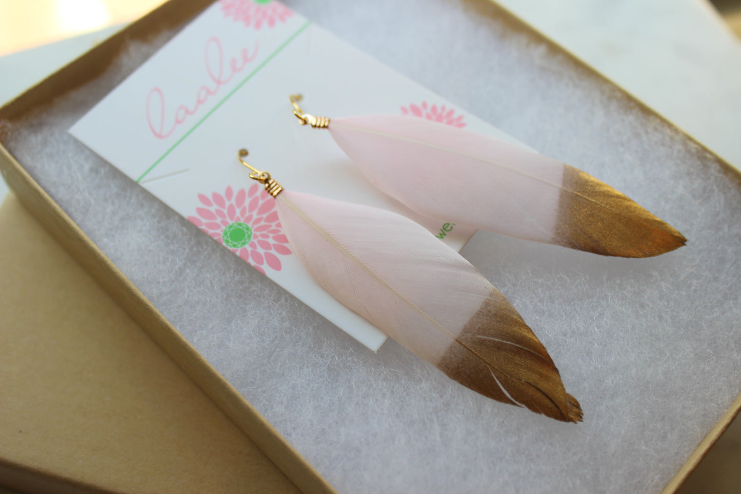Gold Dipped Pink Feather Earrings