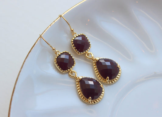 Gold Burgundy Maroon Wine Earrings - Marsala Gold Wedding, Marsala Earrings, Wedding Earrings, Marsala Jewelry, Gold Maroon Jewelry