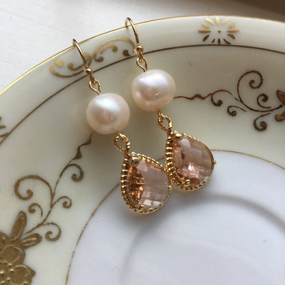 Gold Freshwater Pearl Champagne Blush Earrings Pink Peach Jewelry - Bridesmaid Earrings - Wedding Jewelry