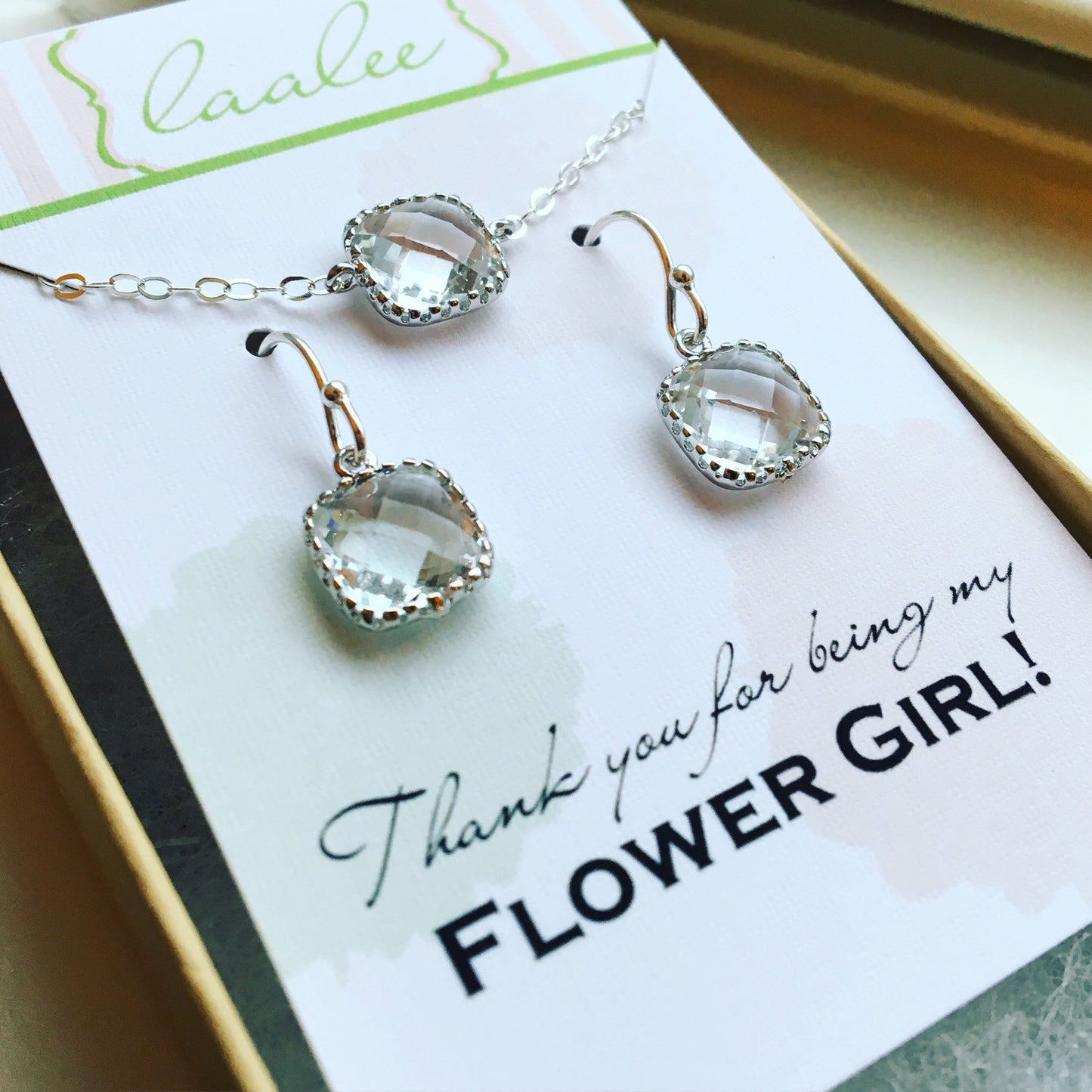 Silver Clear Crystal Necklace and Earring Set Crystal Jewelry Set - Personalized Card - Flower Girl Jewelry Set Bridesmaid Jewelry Wedding