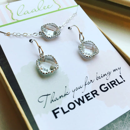 Silver Clear Crystal Necklace and Earring Set Crystal Jewelry Set - Personalized Card - Flower Girl Jewelry Set Flower Girl Proposal